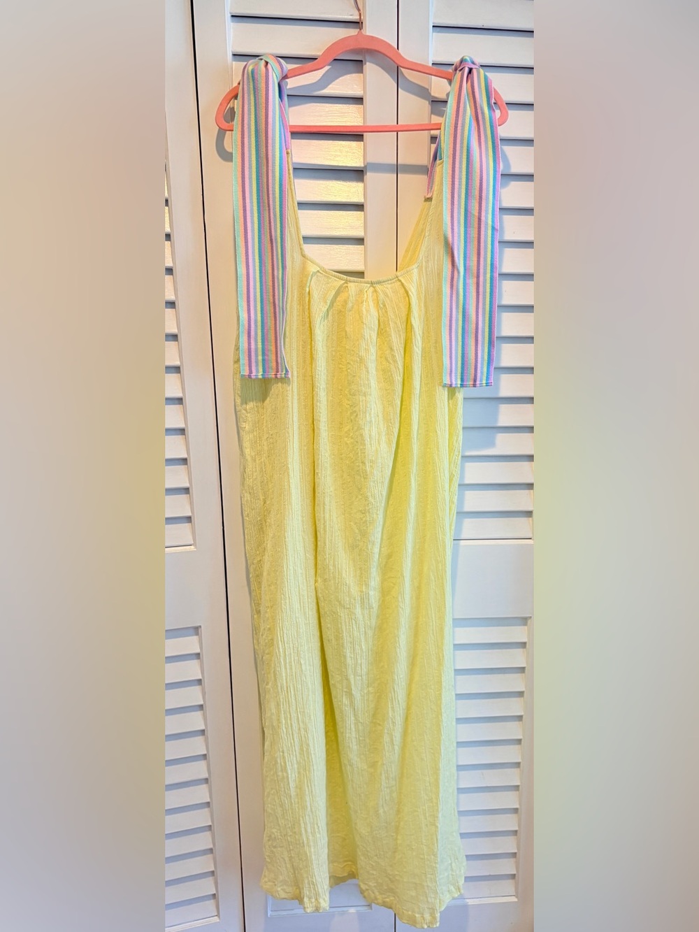Pitusa Dress Gauzey Ribbon Tie Shoulders Midi Sundress Yellow Pastel Rainbow PS - Picture 2 of 8